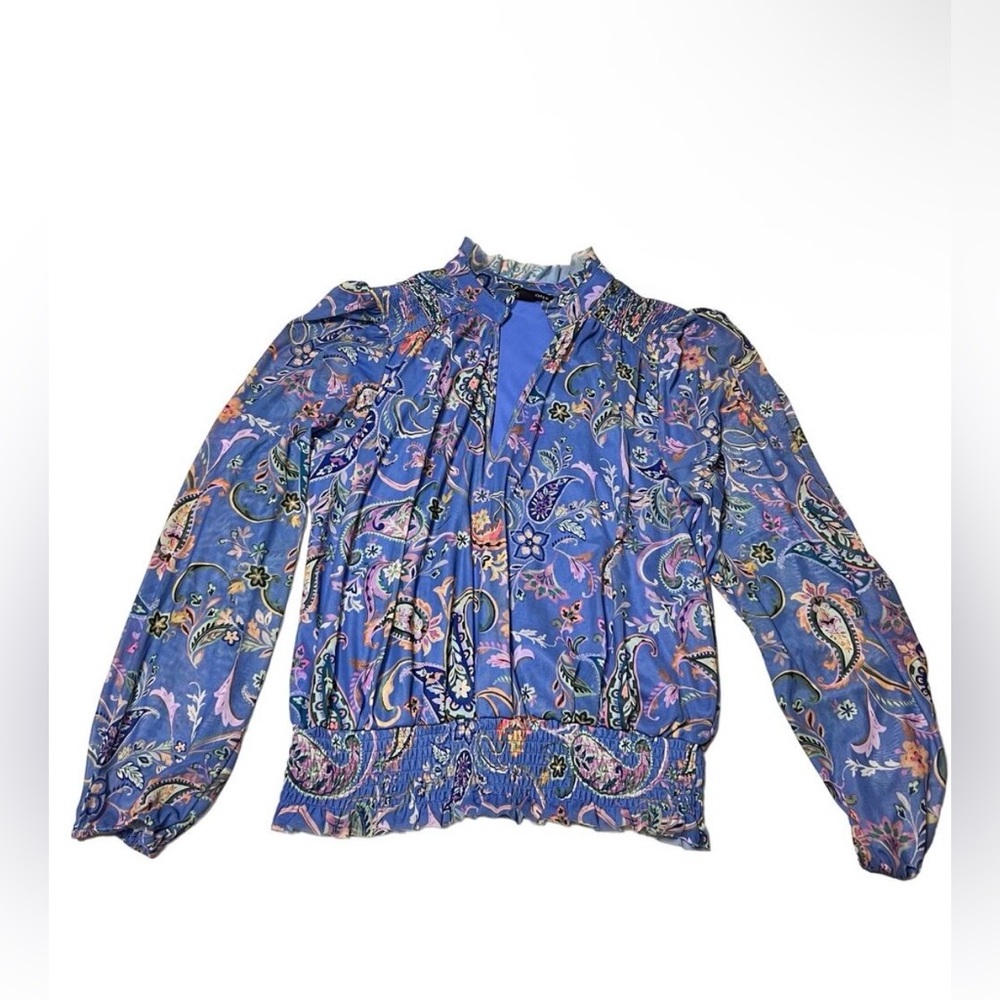 BOSTON PROPER Paisley Long-Sleeved Blouse, Periwinkle Blue Multi, Small, EUC